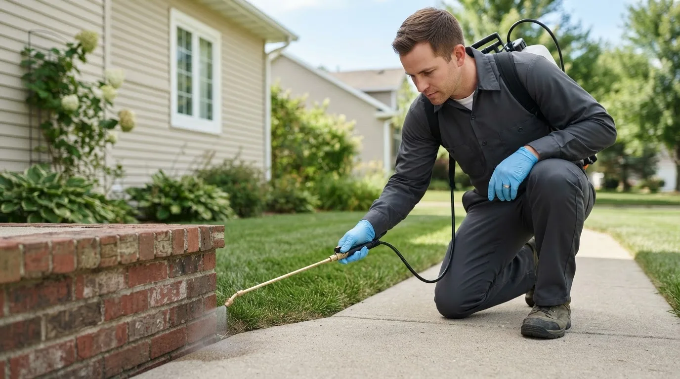 Pest control technician treating a home near Leavenworth, KS