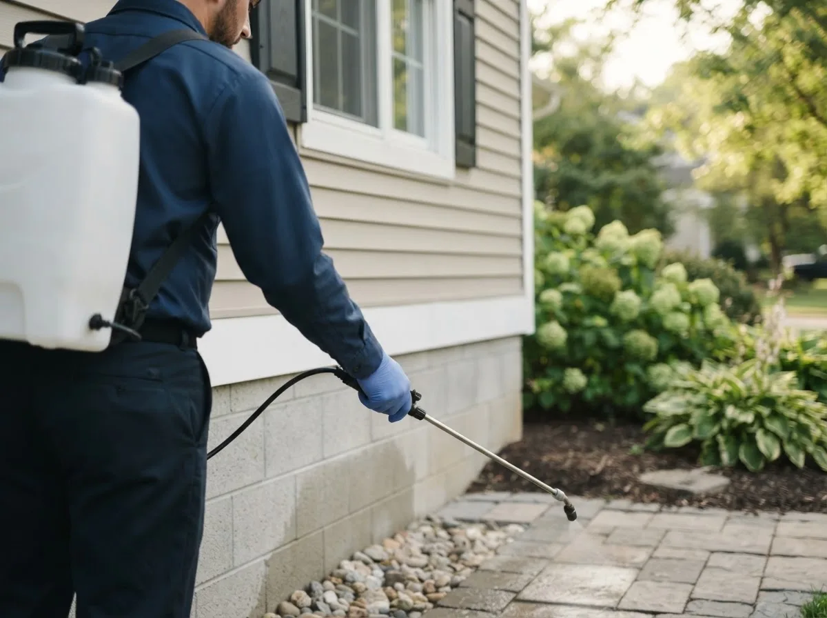 Pest control technician inspecting a home in Leavenworth, KS